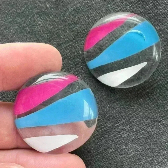 Vintage Pink & Blue Acrylic Earrings Circular 80s fun boho - Picture 5 of 6